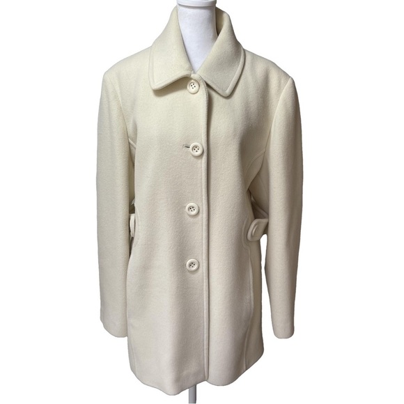 Anne Klein Wool Mid-Length Coat Cream Off-White Collared Overcoat Lined Large - Picture 1 of 16